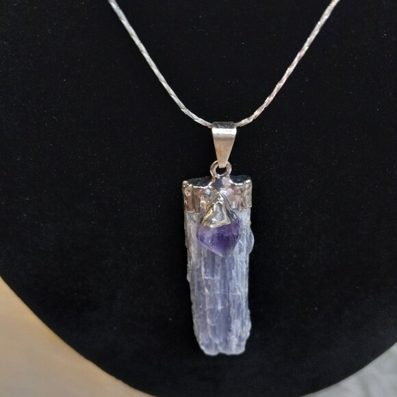 Jewelry - Raw Blue Kyanite Pendant with Amethyst Crystal - Protection Pendant - Healing